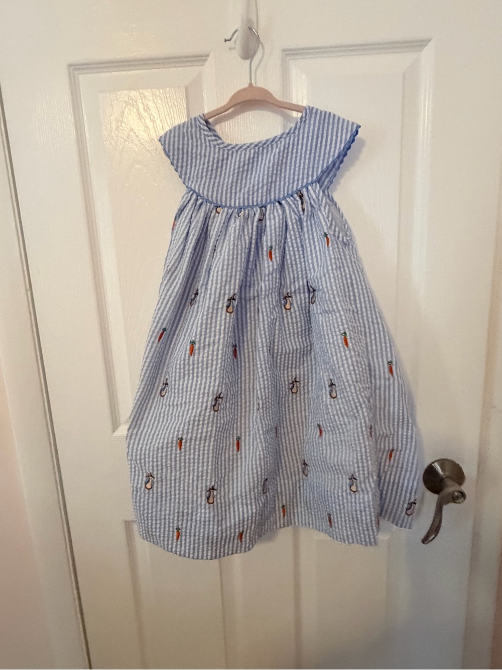 Smockingbird Blue Striped Girls' Embroidered Seersucker Peter Rabbit Dress - 7